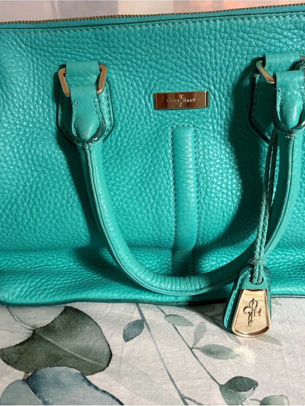 Cole Haan Turquoise Pebble Leather Satchel with Gold Hardware